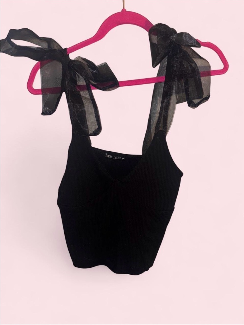 Zara Black Ribbed Camisole with Sheer Bow Shoulder Straps